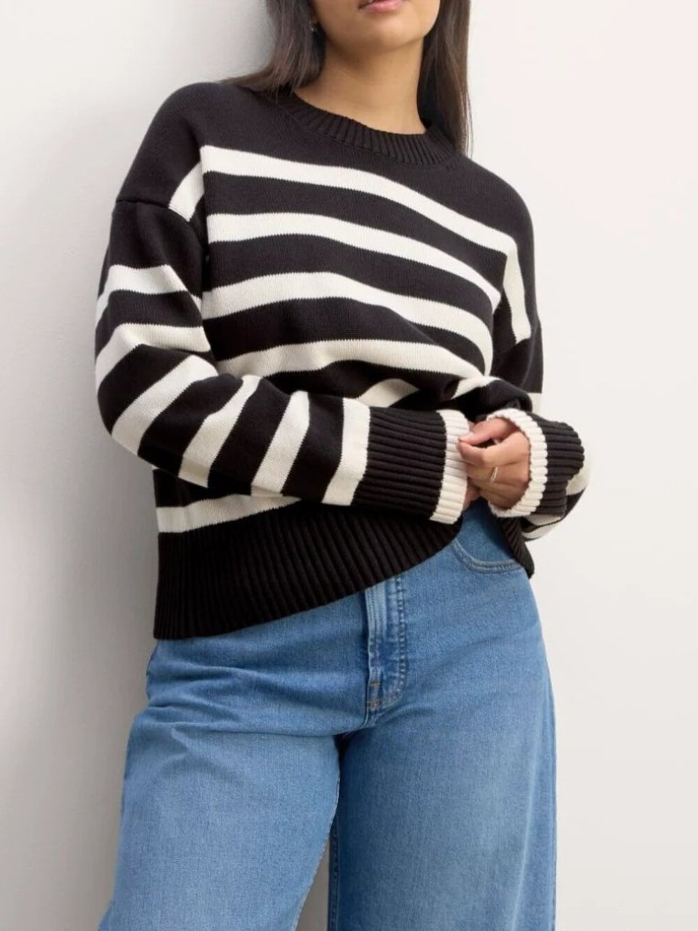 Everlane Women's Size M Stripe Boxy Cotton Black Canvas Sweater NEW